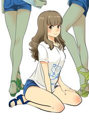  1girl ass bangs blue_shorts blush brown_eyes brown_hair eyebrows_visible_through_hair kannagi_shiori long_hair looking_at_viewer matsuno_minoru sandals school_girl_strikers shirt short_shorts shorts sitting smile t-shirt wariza wavy_hair 