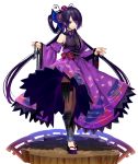  1girl bare_shoulders black_hair breasts butterfly_hair_ornament caravan_stories chains detached_sleeves dress greaves hair_ornament hair_rings knife long_hair looking_at_viewer medium_breasts nyori purple_dress sandals solo standing very_long_hair violet_eyes wide_sleeves 