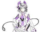  1girl bare_shoulders black_hair bodysuit determined gloves green_eyes headgear headphones judo_fuu kohinata_miku senki_zesshou_symphogear short_hair sleeveless solo white_background 