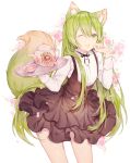  1boy ;3 absurdres animal_ears cherry_blossoms contrapposto enkidu_(fate/strange_fake) fate/strange_fake fate_(series) fox_ears fox_tail green_eyes green_hair high-waist_skirt highres long_hair looking_at_viewer maid male_focus miyuki_(miyuki_05290) open_mouth skirt solo tail tea teapot transparent trap very_long_hair 