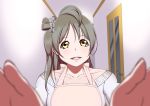  1girl :d apron brown_eyes brown_hair door hallway lips long_hair love_live! love_live!_school_idol_project minami_kotori one_side_up open_mouth outstretched_arms pov smile solo teejohn3 