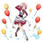  1girl :d arm_up armor armored_boots boots breastplate brown_boots dress frilled_dress frills full_body gauntlets hair_ornament hairclip knee_boots lisbeth neck_ribbon open_mouth pink_hair pleated_dress red_dress red_eyes red_ribbon ribbon salute short_dress short_hair smile solo striped striped_ribbon sword_art_online thigh_strap transparent_background 