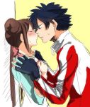  1boy 1girl against_wall artist_request black_hair blue_hair blush brown_hair closed_eyes double_bun fingerless_gloves gloves hands_on_another&#039;s_shoulders hetero hue_(pokemon) imminent_kiss mei_(pokemon) pokemon pokemon_(game) pokemon_bw2 spiky_hair twintails 