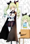  anchovy black_skirt box cape cardboard_box crossed_arms girls_und_panzer green_hair highres jinguu_(4839ms) kindergarten_uniform long_hair necktie red_eyes shirt skirt smile time_paradox twintails white_shirt yellow_skirt younger 