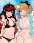  2girls :d \m/ ahoge bangs bikini black_bikini black_bow black_hair blonde_hair blue_sky bow breasts brown_eyes brown_hair cup day demon_archer eyebrows_visible_through_hair fate_(series) hair_bow hand_on_hip hand_up haori holding holding_cup jacket japanese_clothes koha-ace letterman_jacket long_hair looking_at_viewer medium_breasts miyako_(xxxbibit) multiple_girls navel open_clothes open_jacket open_mouth outdoors ponytail sakura_saber shaved_ice sidelocks sky smile swimsuit visor_cap white_bikini 
