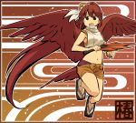 1girl bird_tail brown_hair long_hair looking_at_viewer navel open_mouth smile solo very_long_hair wings yudepii 