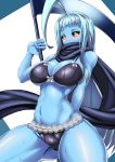  1girl absurdres ahoge black_bra black_panties black_scarf black_sclera blue_hair blue_skin blush bra breasts cowboy_shot dullahan highres huge_ahoge lace lace-trimmed_panties lala_(monster_musume) large_breasts long_hair looking_at_viewer monster_musume_no_iru_nichijou navel panties scarf scythe solo sweat under_boob underwear underwear_only very_long_hair virusotaku yellow_eyes 