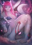  1girl animal_ears breasts chicle fox_ears fox_tail highres long_hair original pink_hair smile solo tail violet_eyes 