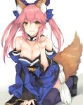  1girl animal_ears bangs blue_kimono blue_legwear breasts brown_eyes cleavage clog_sandals collarbone detached_sleeves eyebrows_visible_through_hair fate/extra fate_(series) fox_ears fox_shadow_puppet fox_tail hair_between_eyes hair_flaps hand_up highres japanese_clothes kimono kneeling large_breasts obi parted_lips pink_hair rinarisa sandals sash smile solo tail tamamo_(fate)_(all) tamamo_no_mae_(fate) teeth thigh-highs tsurime twintails 