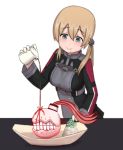  1girl anchor_hair_ornament aqua_eyes blonde_hair commentary drooling escort_fortress_(kantai_collection) hair_ornament kantai_collection meme misumi_(niku-kyu) pouring prinz_eugen_(kantai_collection) saratoga_(kantai_collection) smile teeth twintails 