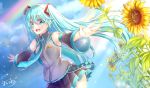  1girl artist_name blue_eyes blue_hair clouds detached_sleeves flower hatsune_miku light_rays long_hair mashiro_aa necktie open_mouth outstretched_arms rainbow skirt sky solo spread_arms sunbeam sunflower sunlight twintails very_long_hair vocaloid 