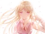  1girl ahoge akamatsu_kaede blonde_hair crying crying_with_eyes_open dangan_ronpa floating_hair hand_in_hair highres iceblue long_hair looking_at_viewer musical_note_hair_ornament necktie new_dangan_ronpa_v3 petals pink_eyes red_necktie school_uniform shirt simple_background smile solo tears upper_body very_long_hair white_background white_shirt 
