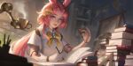 1girl animal_ears blue_eyes blurry blurry_background book book_stack bookshelf cookie cup dark_duck doll_joints food gloves hair_ornament highres joints long_hair looking_at_viewer open_book original parted_lips pink_hair ponytail rabbit_ears short_sleeves single_glove solo teacup white_gloves