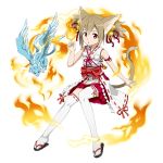 1girl :o animal_ears arm_ribbon bell brown_hair cat_ears cat_tail fire hair_bell hair_ornament highres japanese_clothes jingle_bell magic miko official_art pina_(sao) red_eyes ribbon ribbon-trimmed_legwear ribbon_trim sandals short_hair short_twintails silica sleeveless solo sword_art_online tail thigh-highs transparent_background twintails 