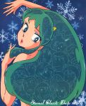  1girl 80s blue_eyes green_hair highres lips long_hair lum official_art oldschool oni_horns snowflakes takahashi_rumiko urusei_yatsura 