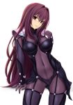  1girl armor bodysuit breasts cleavage covered_navel cowboy_shot fate/grand_order fate_(series) grin large_breasts long_hair looking_at_viewer nonaka_ritsu pauldrons purple_bodysuit purple_hair red_eyes scathach_(fate/grand_order) shoulder_armor simple_background smile solo white_background 