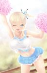 1girl arm_up blonde_hair blue_eyes blue_skirt boku_wa_tomodachi_ga_sukunai breasts butterfly_hair_ornament cait cheerleader hair_ornament highres kashiwazaki_sena large_breasts long_hair looking_at_viewer miniskirt navel one_eye_closed open_mouth pom_poms side_ponytail skirt smile solo standing sweat 