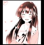  1girl :3 ^_^ artist_name blush bow closed_eyes dress highres hime_cut houraisan_kaguya mana_(tsurubeji) monochrome open_mouth petals signature simple_background sketch smile solo touhou translation_request white_background 