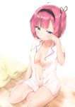  1girl absurdres blue_eyes breasts cleavage collarbone commentary_request hair_ribbon hairband highres medium_breasts mochizuki_momiji navel new_game! no_bra open_clothes open_shirt pink_hair racchi. ribbon shirt short_hair sitting solo 