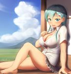  1girl :d against_wall aqua_eyes aqua_hair arm_at_side bare_legs barefoot blue_sky blush bra breasts brown_skirt cleavage clouds collared_shirt day dress_shirt frilled_skirt frills hair_ornament hairclip kantai_collection knee_up large_breasts long_hair looking_at_viewer maku_ro miniskirt mountainous_horizon no_legs open_mouth partially_unbuttoned pink_bra pleated_skirt round_teeth shirt short_sleeves sitting skirt sky smile solo suzuya_(kantai_collection) sweat teeth underwear wall white_shirt wing_collar wooden_floor 