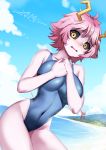  1girl absurdres ashido_mina beach black_sclera blush boku_no_hero_academia covered_navel cowboy_shot day highleg highleg_swimsuit highres horns looking_at_viewer one-piece_swimsuit open_mouth outdoors pink_hair pink_skin short_hair signature solo swimsuit wavy_mouth x-boy yellow_eyes 
