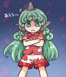  1girl blue_background buttons cloud_print crossed_arms curly_hair gradient gradient_background green_eyes green_hair horn kariyushi_shirt komano_aun long_hair looking_at_viewer open_mouth petals pote_(ptkan) red_shirt shaded_face shirt shorts solo touhou translated white_shorts 