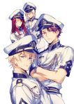  bedivere blonde_hair blue_eyes closed_eyes fate/extra fate/grand_order fate_(series) gawain_(fate/extra) hat knights_of_the_round_table_(fate) lancelot_(fate/grand_order) long_hair multiple_boys peace_symbol peaked_cap purple_hair redhead sailor_hat short_hair smile tristan_(fate/grand_order) v violet_eyes xia_(ryugo) 