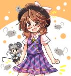  0_0 2girls ahoge animal_ears black_hat blush blush_stickers bow brown_eyes brown_hair cape capelet dot_nose dowsing_rod glasses grey_hair hat hat_bow jewelry low_twintails mouse mouse_ears multiple_girls nazrin necklace no_nose open_mouth pendant plaid plaid_skirt pote_(ptkan) red_glasses semi-rimless_glasses shirt short_hair short_sleeves skirt skirt_set touhou twintails under-rim_glasses usami_sumireko vest white_bow white_shirt 
