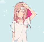  1girl arm_up bangs blue_background blush brown_hair collarbone commentary fever hair_between_eyes hand_on_head heart heart-shaped_pupils long_hair looking_at_viewer minamiya_mia mouth_hold original pink_eyes shirt simple_background solo symbol-shaped_pupils t-shirt tears thermometer towel towel_on_head triangle upper_body white_shirt 