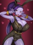  1girl animal_ears armpits bare_shoulders bracelet breasts brown_eyes cleavage dragon_quest dragon_quest_xi fangs heart highres histamine_c huge_breasts jewelry long_hair looking_at_viewer martina_(dq11) ponytail purple_hair rabbit_ears solo thighs very_long_hair 