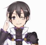  1boy ;) black_hair eyebrows_visible_through_hair grin hair_between_eyes highres kirito male_focus one_eye_closed portrait short_hair simple_background smile solo sword_art_online sword_art_online_the_movie:_ordinal_scale white_background yoru_kiri 