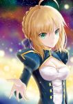  1girl absurdres ahoge artoria_pendragon_(all) blonde_hair blue_ribbon breasts cleavage eyebrows_visible_through_hair fate/stay_night fate_(series) green_eyes hair_between_eyes hair_ribbon highres houjou_minami medium_breasts ribbon saber short_hair_with_long_locks sketch smile solo upper_body 