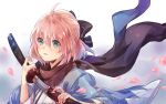  1girl black_scarf brown_hair cherry_blossoms eyebrows_visible_through_hair fate/grand_order fate_(series) green_eyes hair_between_eyes highres holding holding_sword holding_weapon hozumi_rino japanese_clothes katana kimono portrait sakura_saber scarf sheath short_hair solo sword unsheathing weapon white_kimono 