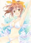  1girl :d agahari arm_up armpits bikini bow breasts brown_eyes brown_hair cleavage collarbone eyebrows_visible_through_hair hair_between_eyes hair_bow high_ponytail highres long_hair looking_at_viewer medium_breasts navel open_mouth orange_bow sideboob smile solo standing suzumiya_haruhi suzumiya_haruhi_no_yuuutsu swimsuit white_bikini white_bow 