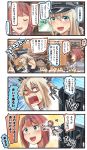  &gt;:d 2girls 4koma :d aircraft airplane anger_vein ark_royal_(kantai_collection) bare_shoulders bismarck_(kantai_collection) black_gloves blonde_hair blue_eyes brown_gloves chasing closed_eyes comic commentary_request detached_sleeves gloves ground_vehicle hair_between_eyes hairband hat highres ido_(teketeke) kantai_collection long_hair long_sleeves military military_uniform multiple_girls open_mouth peaked_cap redhead shaded_face short_hair smile swordfish_(airplane) tiara train translation_request uniform 