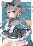  1girl animal_ears basket capelet dress frills grey_hair grey_skirt hair_ribbon high-waist_skirt highres jewelry karasusou_nano long_sleeves looking_at_viewer mouse mouse_ears mouse_tail nazrin pendant red_eyes ribbon short_hair simple_background skirt solo tail touhou 
