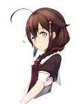  1girl ahoge black_shirt blue_eyes bow braid brown_hair cropped_torso from_side hair_between_eyes hair_bow kantai_collection long_hair looking_at_viewer red_bow shigure_(kantai_collection) shirt short_sleeves simple_background single_braid solo unajuu_(set_mk) upper_body white_background 