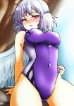  1girl absurdres adjusting_clothes adjusting_swimsuit alternate_costume blue_sky blush braid d-m_(dii_emu) feathered_wings french_braid highres kishin_sagume looking_at_viewer one-piece_swimsuit open_mouth purple_swimsuit red_eyes rock silver_hair single_wing sitting sky solo swimsuit touhou white_hair white_wings wings 