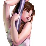  1girl bangs breasts brown_eyes brown_hair closed_mouth long_hair looking_away looking_to_the_side parted_bangs pole_dancing sanukiyan simple_background sketch white_background 