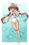  1girl adapted_costume alto-00 animal_ears blue_background brown_eyes brown_hair bunny_girl bunnysuit dark_skin fang full_body gluteal_fold gradient gradient_background highres kantai_collection leotard libeccio_(kantai_collection) long_hair looking_at_viewer neckerchief open_mouth pink_neckerchief rabbit_ears smile solo star starry_background striped_neckerchief tank_top thigh_gap twintails white_leotard wrist_cuffs 