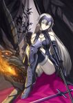  1girl armor armored_boots banner blue_legwear boots breasts ccjn chains choker cleavage cutout dragon eyebrows_visible_through_hair fate/grand_order fate_(series) fire grey_boots head_tilt high_heel_boots high_heels holding holding_sword holding_weapon jeanne_alter knee_boots long_hair looking_at_viewer medium_breasts midriff parted_lips ruler_(fate/apocrypha) silver_hair sitting smile solo sword thigh-highs very_long_hair weapon white_skin yellow_eyes 
