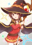  1girl asymmetrical_legwear belt black_cape black_hat black_legwear brown_hair cape collar collarbone cowboy_shot dress gradient gradient_background grey_background hat holding holding_staff kono_subarashii_sekai_ni_shukufuku_wo! looking_at_viewer megumin mo_sabo open_mouth red_dress red_eyes short_dress short_hair_with_long_locks sidelocks solo staff strapless strapless_dress thigh-highs tube_dress white_legwear witch_hat 