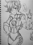  1girl atobesakunolove bomber_jacket breasts chinese cowboy_shot goggles graphite_(medium) hand_on_hip harness index_finger_raised jacket looking_at_viewer medium_breasts monochrome open_mouth overwatch photo pointing pointing_up short_hair simple_background sketch sketchbook solo spiky_hair talking tracer_(overwatch) traditional_media translation_request vambraces white_background 