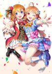  2girls :d ;d ahoge black_ribbon blonde_hair blue_eyes bokura_no_live_kimi_to_no_life boots confetti flower hair_flower hair_ornament highres jumping kousaka_honoka love_live! love_live!_school_idol_project love_live!_sunshine!! multiple_girls one_eye_closed open_mouth outstretched_arms pink_ribbon red_eyes ribbon sha short_hair smile takami_chika white_background 