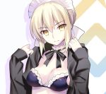  1girl 3: artoria_pendragon_(all) artoria_pendragon_(swimsuit_rider_alter)_(fate) bangs bikini black_bikini blonde_hair breasts closed_mouth expressionless eyebrows_visible_through_hair fate/grand_order fate_(series) frills hair_between_eyes hands_up hood hoodie looking_at_viewer maid_bikini maid_headdress medium_breasts open_clothes open_hoodie saber_alter shadow solo swimsuit tsurime upper_body yellow_eyes youta 