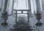  1girl forest greyscale lantern monochrome nature no_humans original outdoors pikumin snow snowing solo stairs tagme torii tree 