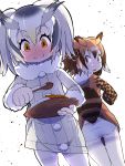  2girls back blush brown_eyes brown_hair buttons coat commentary_request curry curry_rice eating eurasian_eagle_owl_(kemono_friends) eyebrows_visible_through_hair food fur_collar grey_hair hair_between_eyes head_wings highres holding holding_spoon kemono_friends long_sleeves moyachii multicolored_hair multiple_girls northern_white-faced_owl_(kemono_friends) open_mouth panties pantyhose plate rice short_hair spoon sweat tail underwear white_hair wooden_spoon 
