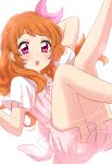  1girl :o aikatsu! bangs bare_legs blush bow dress eyebrows_visible_through_hair feet_out_of_frame hair_bow highres legs_up long_hair looking_at_viewer oozora_akari orange_hair parted_lips pink_bow pink_dress pink_eyes sekina short_sleeves simple_background solo tied_hair white_background 