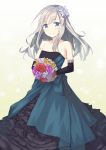  apo_(apos2721) bangs bare_shoulders black_dress black_gloves blue_eyes bouquet bow collarbone dress elbow_gloves eyebrows_visible_through_hair flower formal gloves hair_between_eyes hair_bow highres kantai_collection long_hair looking_at_viewer silver_hair smile standing strapless strapless_dress teeth u-511_(kantai_collection) white_background 