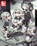  absurdres arms_behind_back bike_shorts character_request closed_eyes closed_mouth glasses headphones highres indian_style inkling looking_at_viewer one_eye_closed pants pointy_ears red_eyes sandals shoes sitting sneakers splatoon splatoon_2 spot_color standing tagme thick_eyebrows yoneyama_mai 